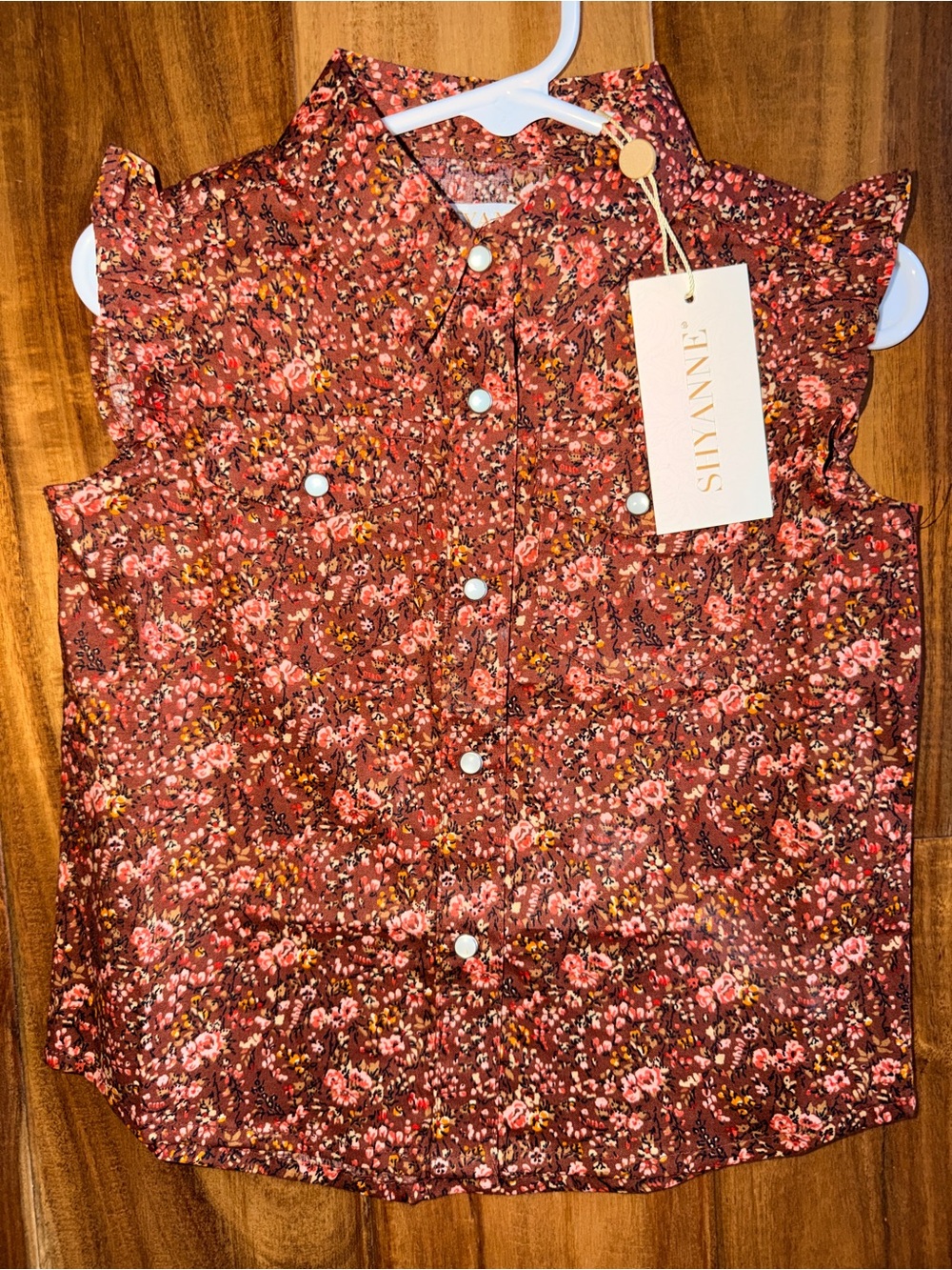 SHYANNE Girls' Floral Ruffle-Sleeve Button Front Top - Rust Pink